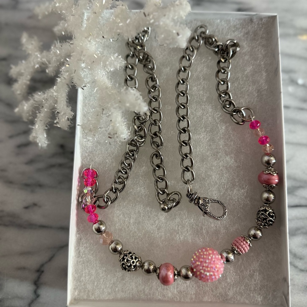Pink and Silver Sparkling Crystal Necklace WOW